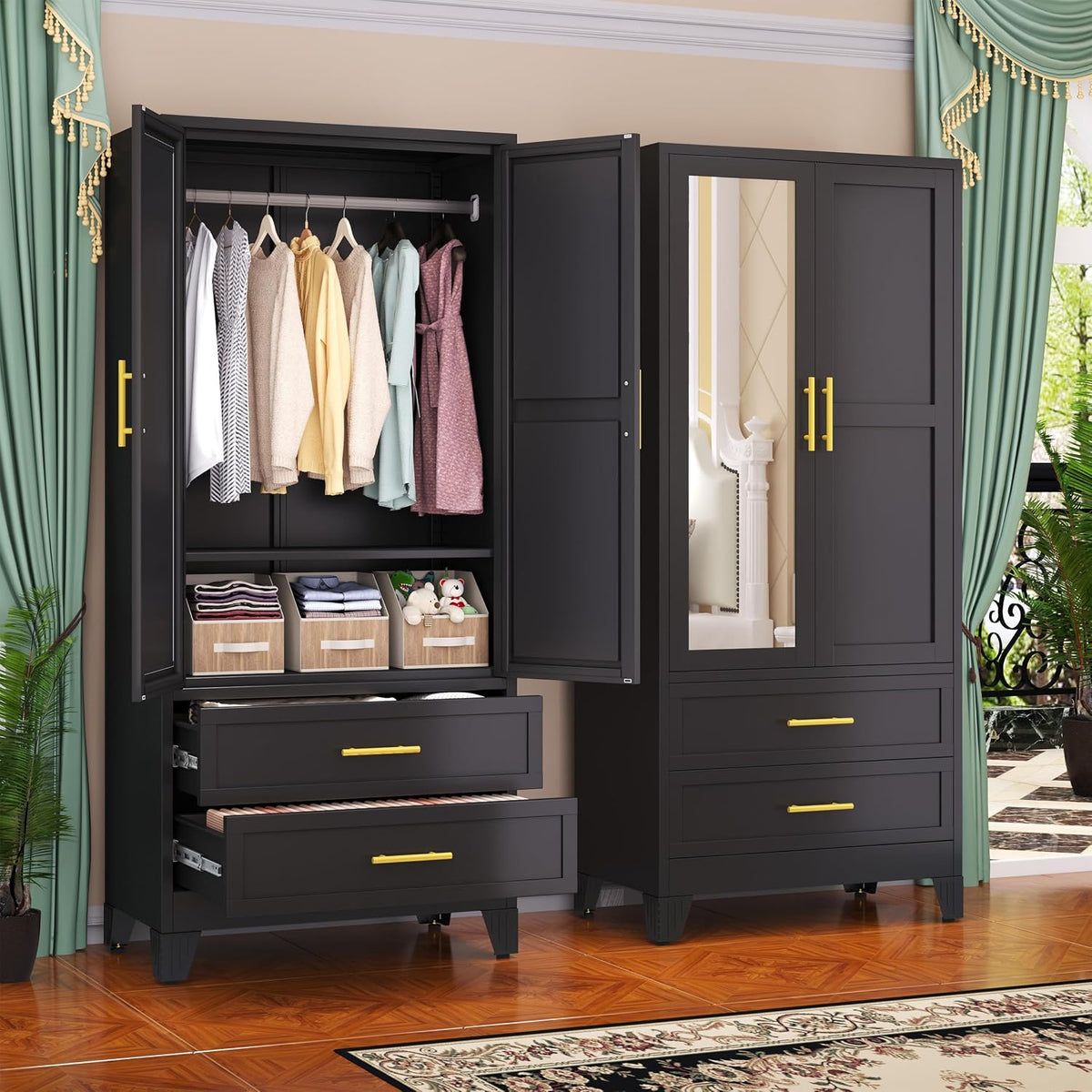 Two tall black wardrobes side-by-side; left unit open showing hanging clothes, cubbies and two open drawers, gold handles
