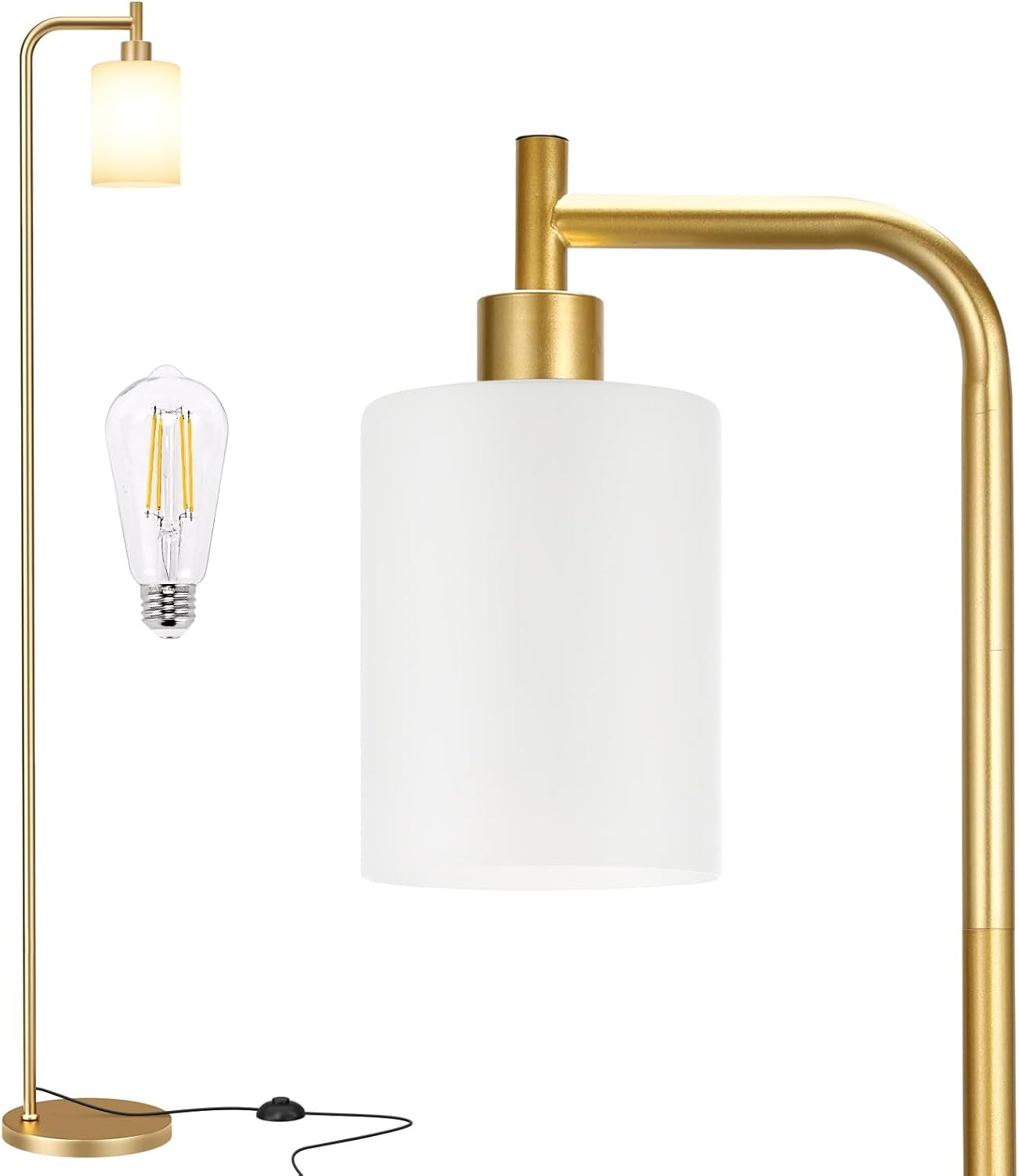 Close-up of gold lamp arm and white cylindrical shade with a separate Edison-style bulb shown