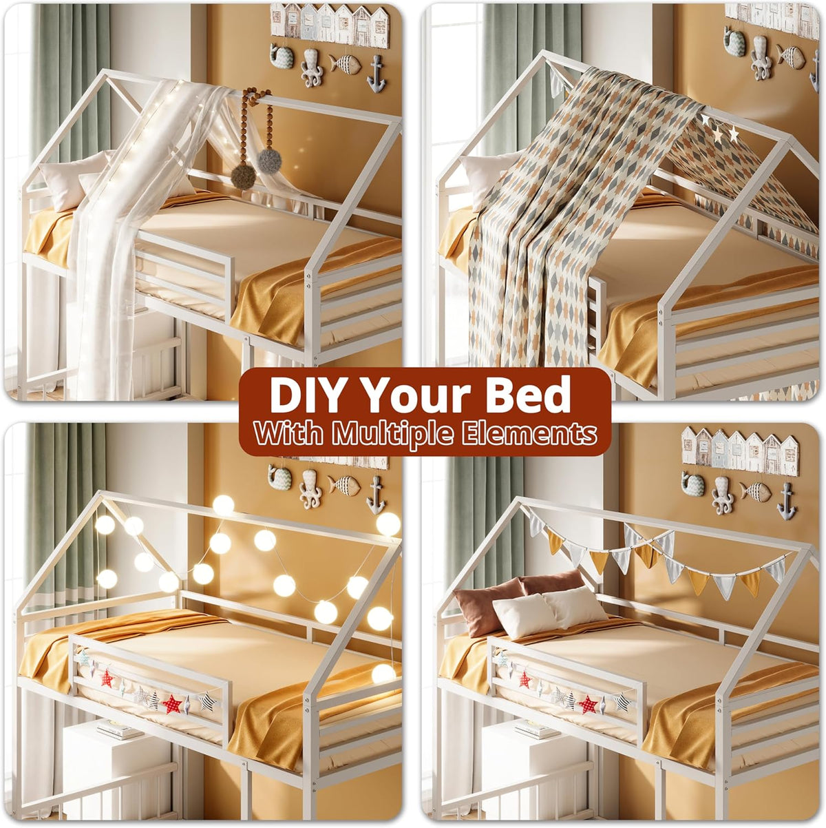 Four-panel collage showing the top bunk styled four different ways with draped fabrics, string lights and bunting