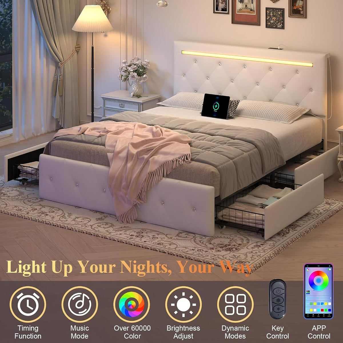 Bed with four rolling under-bed drawers open and LED strip on headboard alongside icons for app and remote LED control