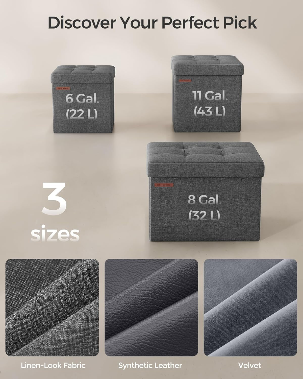 Three tufted storage cubes of different sizes displayed with three fabric swatch close-ups below.