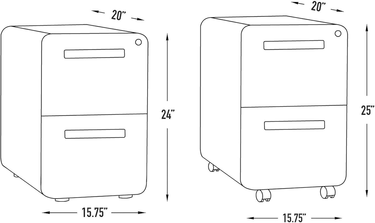 Line-drawing dimensions for the two-drawer cabinet showing 15.75 in width and 24–25 in heights