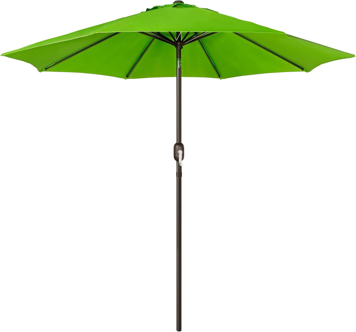 Front view of a lime green patio umbrella open on a brown pole with crank handle