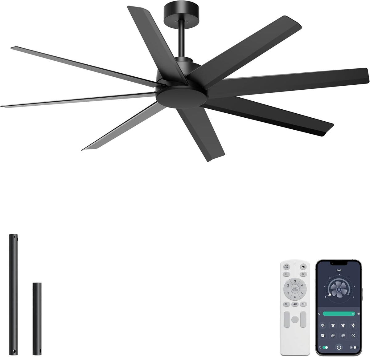Matte black eight-blade ceiling fan viewed from below with two black downrods and a remote and phone app graphic at the
