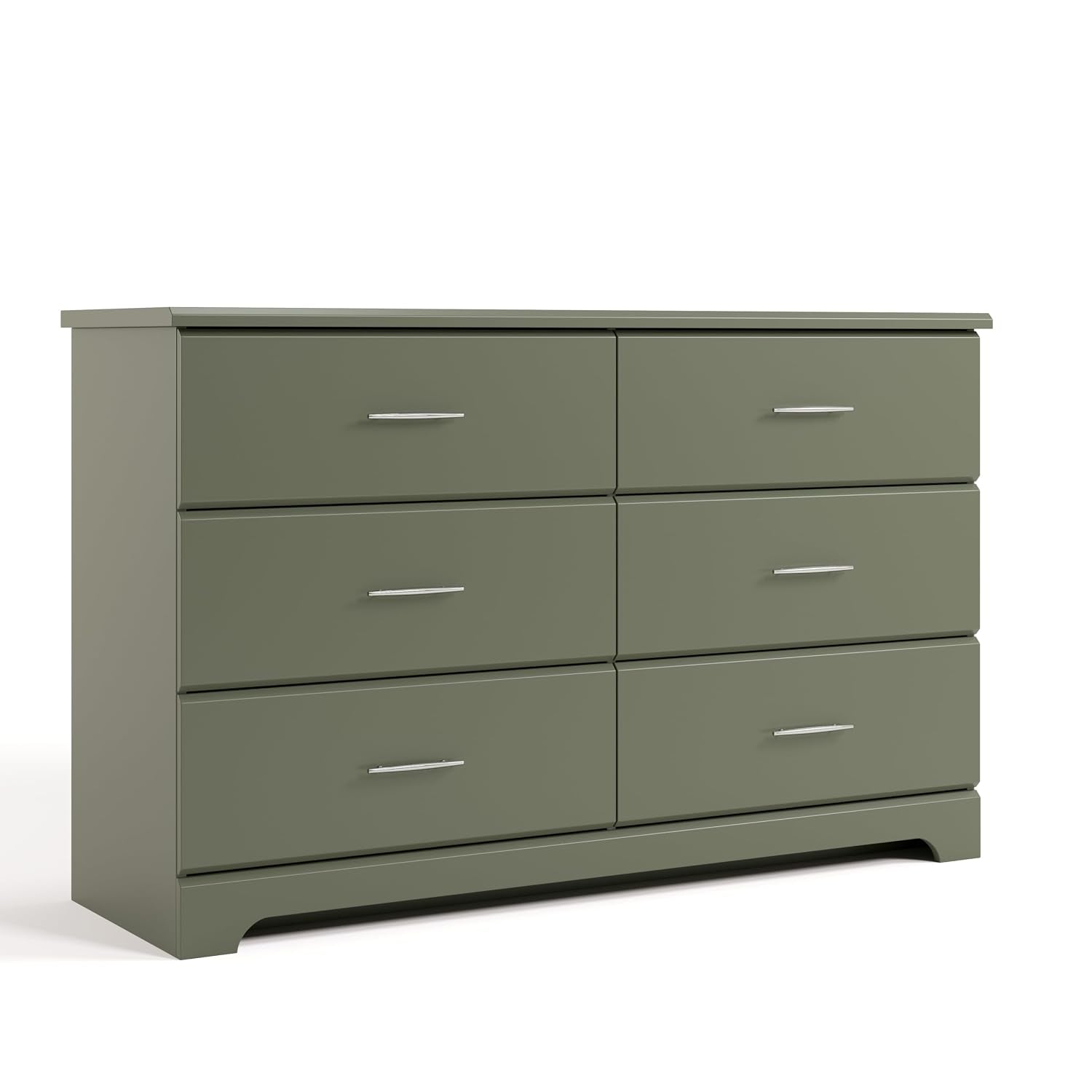 Low six-drawer dresser in muted sage shown angled from the left on a white background.