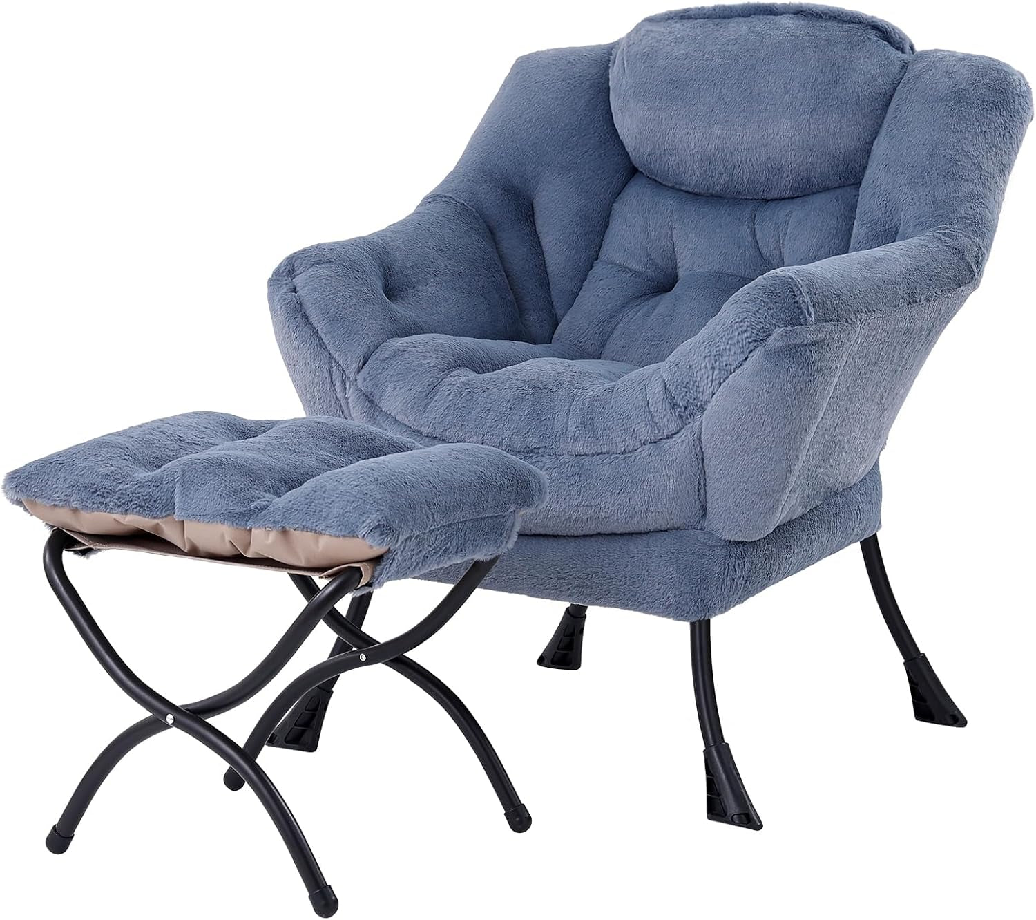 Soft light blue lounge chair with matching cushioned ottoman and curved black legs.