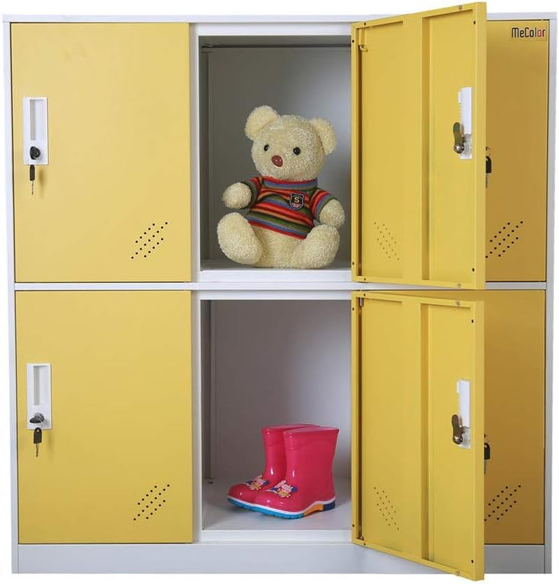 Yellow six-compartment locker with two right doors open, a teddy bear in the top niche and pink rain boots below.