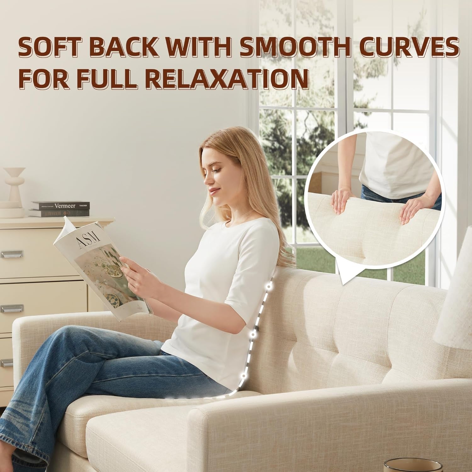 Woman sitting on the loveseat reading, highlighting the softly curved tufted back with inset close-up of hands pressing the