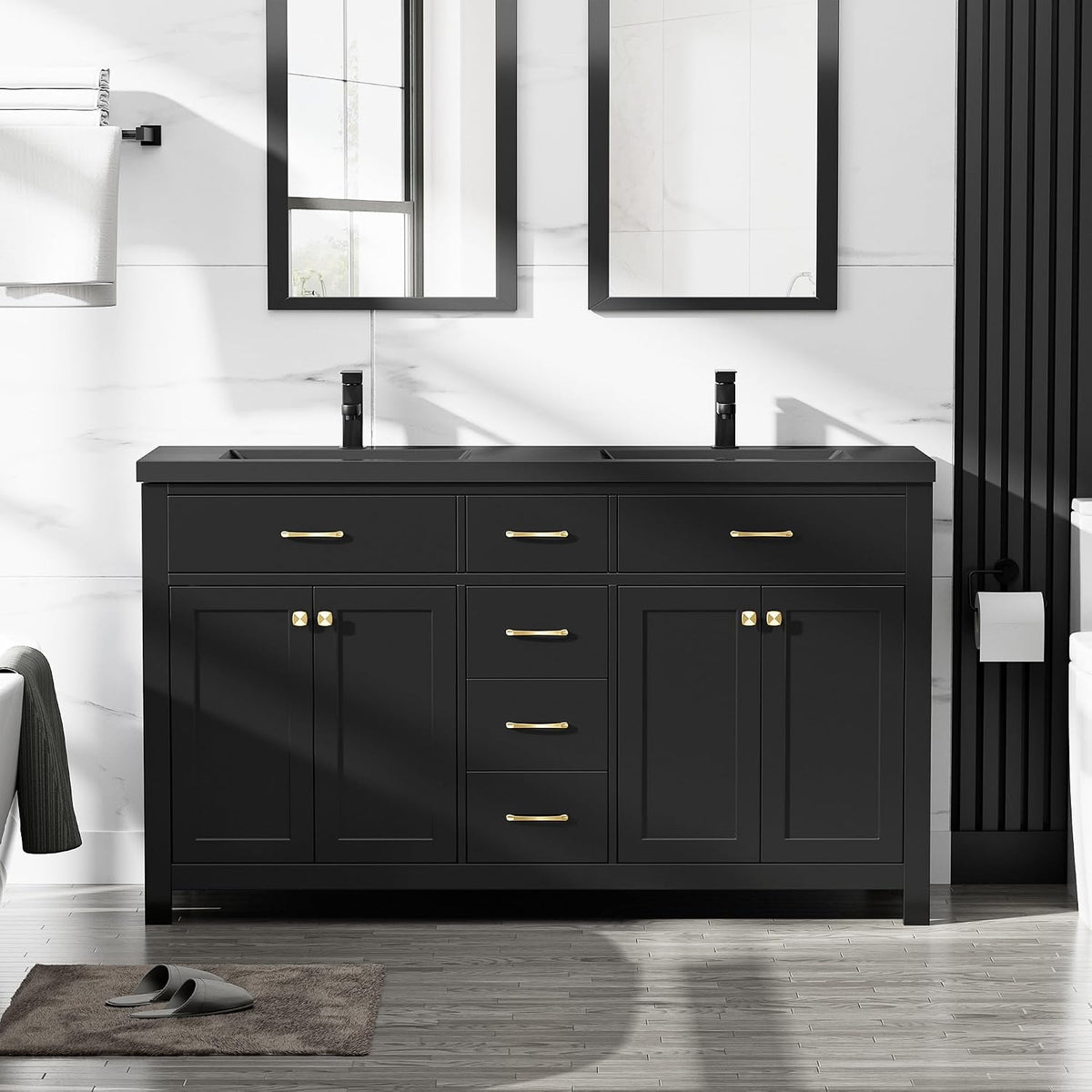 Wide black double-sink vanity with two mirrors and gold hardware in a bright bathroom