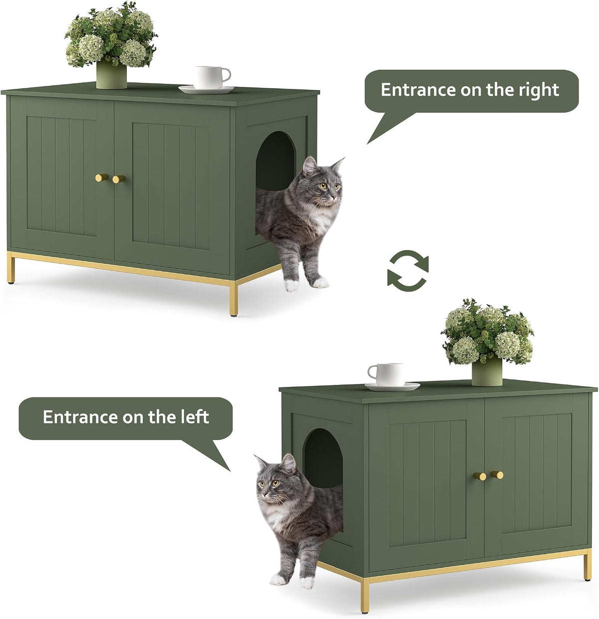 Two angled views of the green cabinet with cats exiting, illustrating the entrance positioned on either the left or right