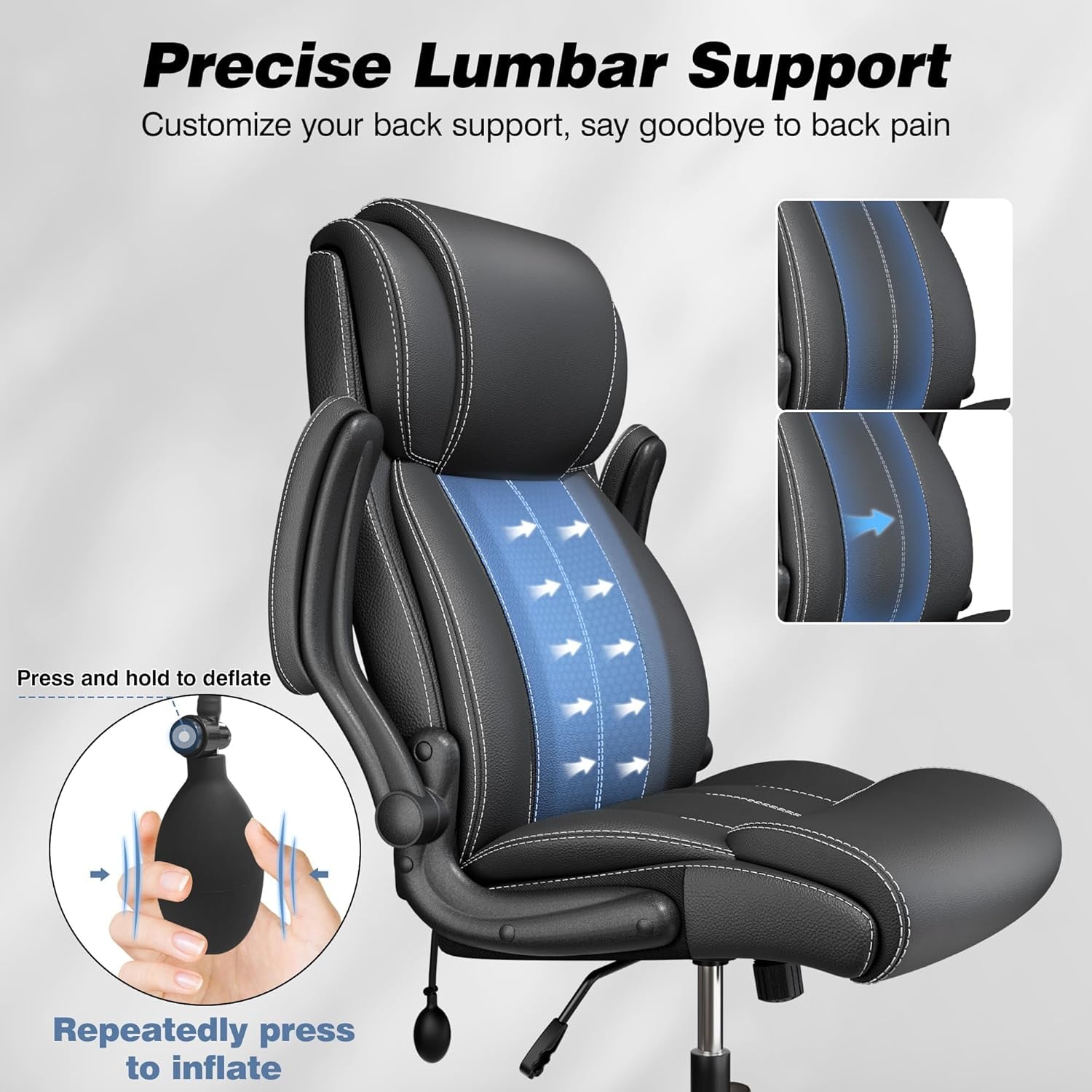 Close-up graphic of the chair back highlighting inflatable lumbar support with a hand pump and directional arrows