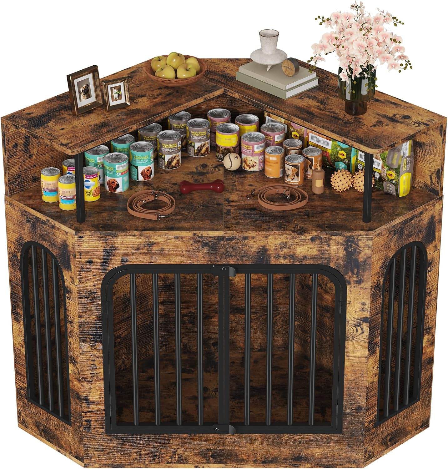 Angled top view of the crate showing an open upper shelf stocked with cans and pet supplies