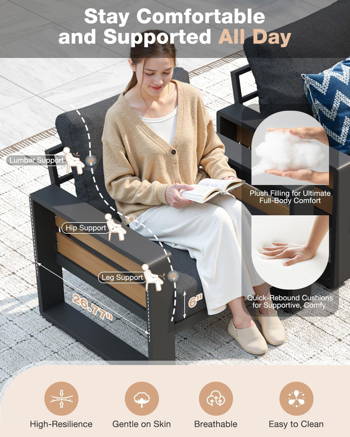 Woman seated on a single chair reading, showing thick gray cushions and armrest detail with wood-look slats.