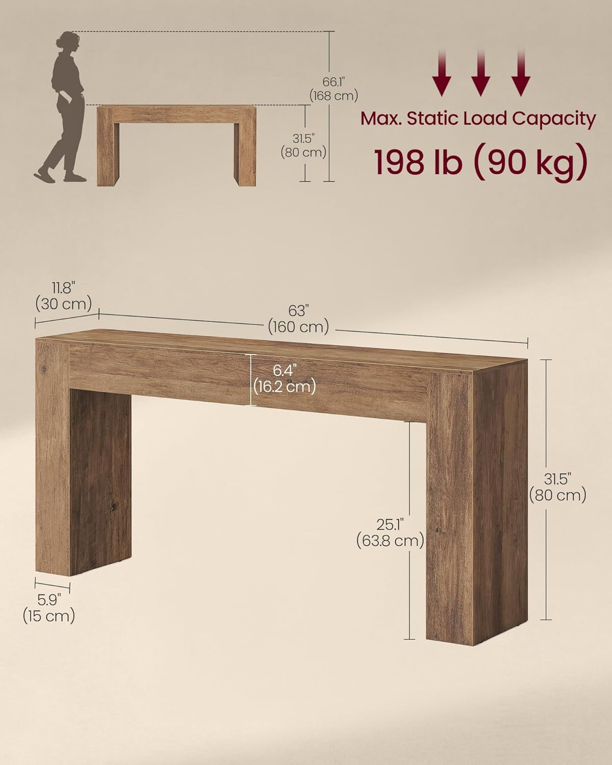 Diagram view of the U-shaped console with measurement callouts and a silhouette for scale.