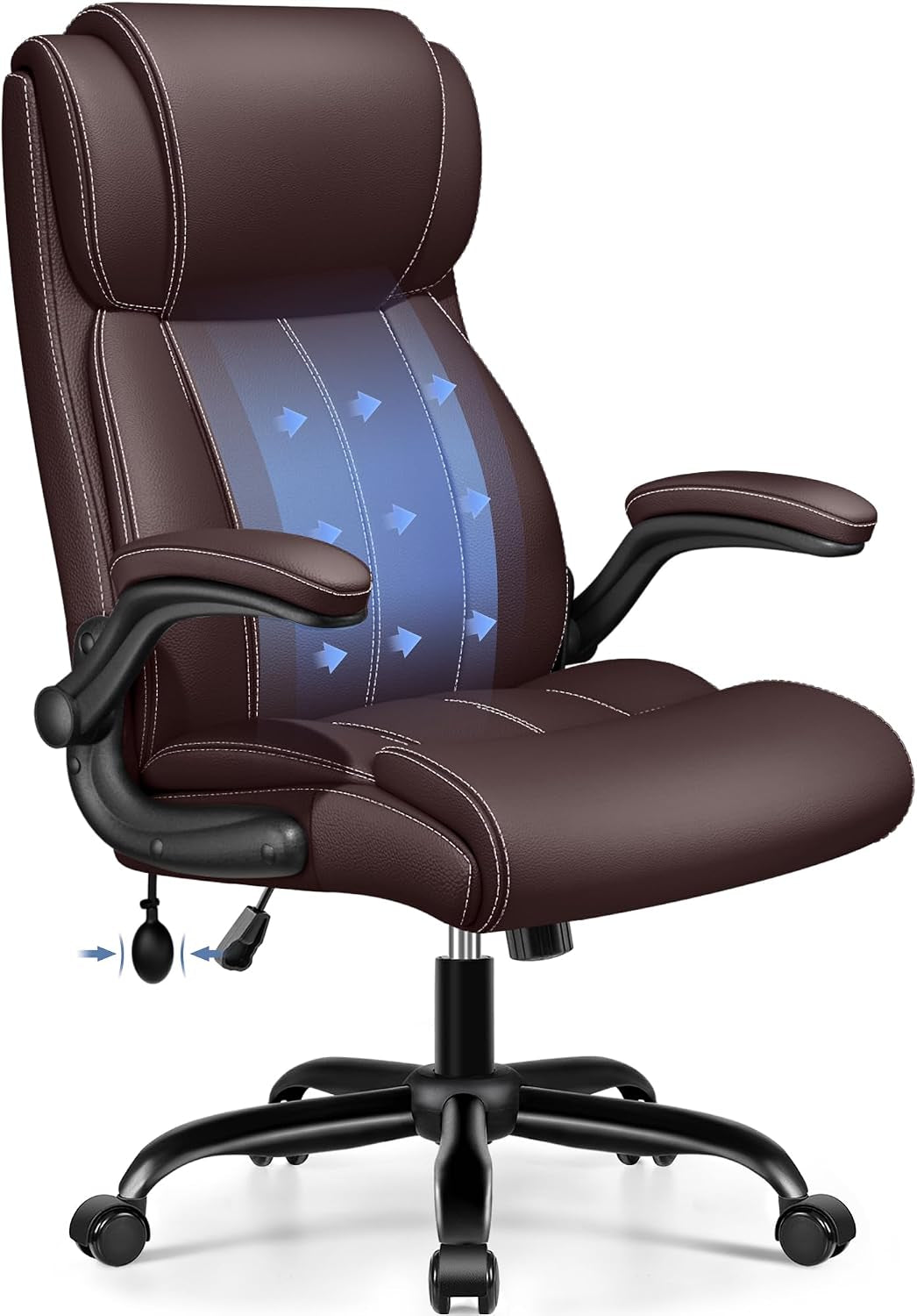 Dark-brown high-back office chair shown at a three-quarter front angle with inflated lumbar area visible.