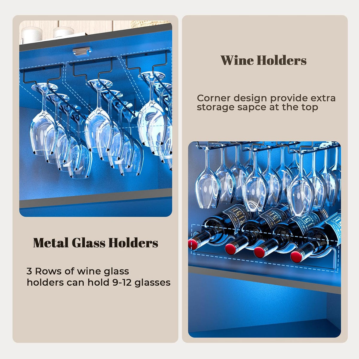 Close-up of metal three-row glass holders and a three-bottle wine rack with hanging stemware inside the cabinet