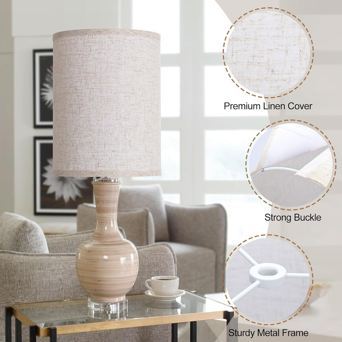 Beige linen-look drum lampshade on table lamp showing texture, inner metal ring and buckle details