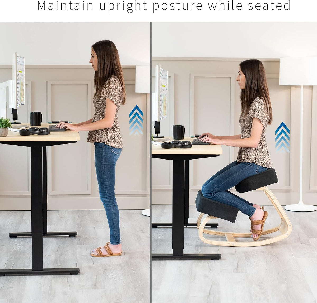 Two-panel comparison showing standing posture at a desk versus seated on the kneeling chair with black cushions and lightwood