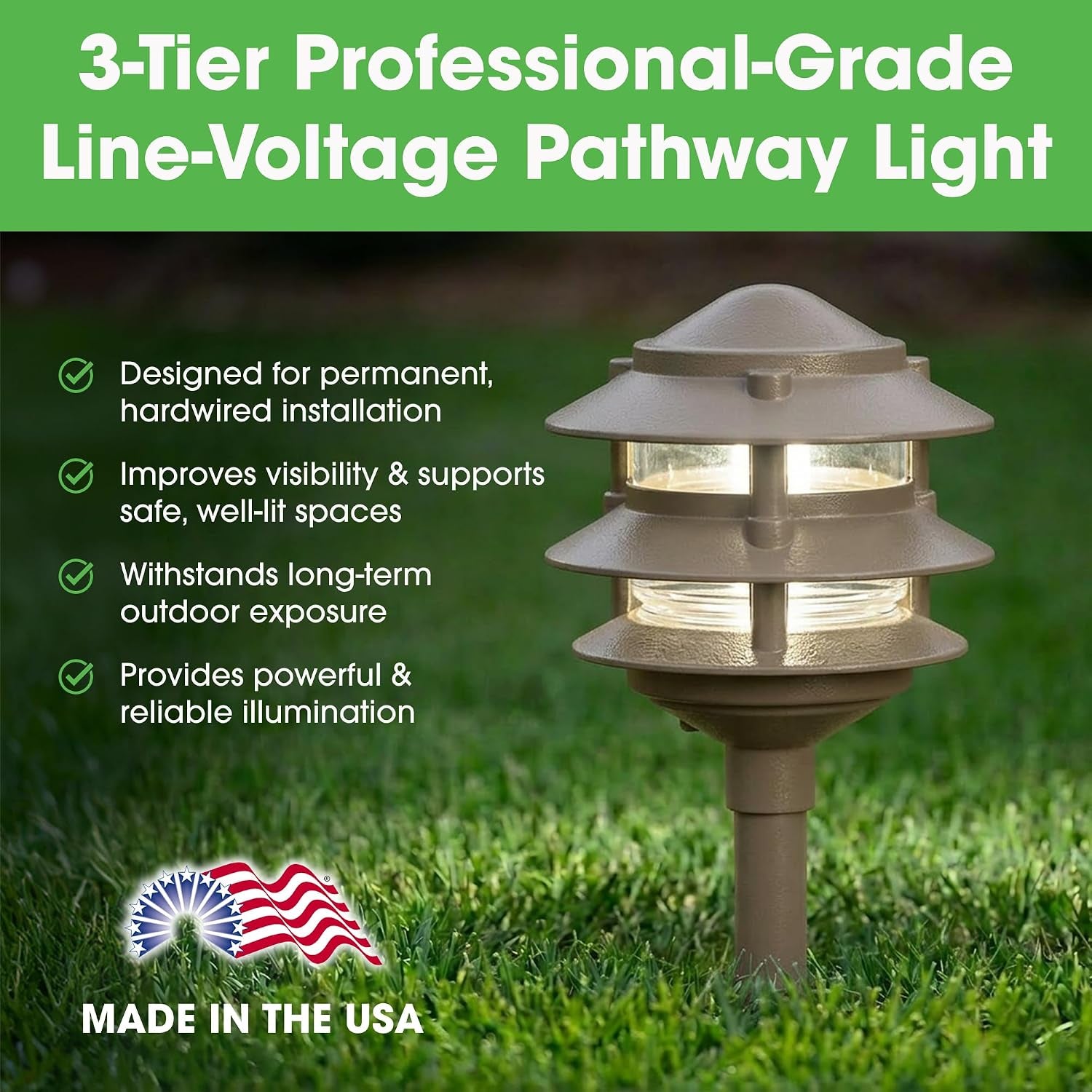 Bronze pathway light installed in lawn with green banner and checkmark feature list highlighting professional-grade use