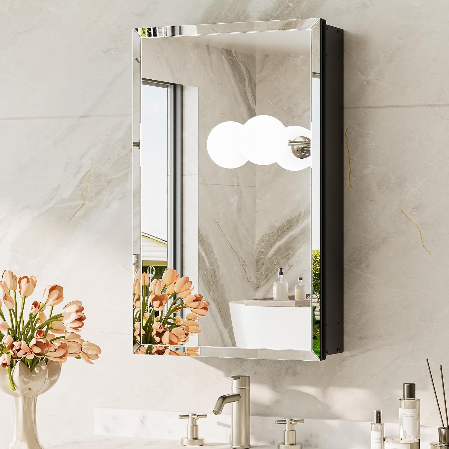 Side-angle view of a single mirrored recessed medicine cabinet showing the black metal cabinet side and reflections of tub