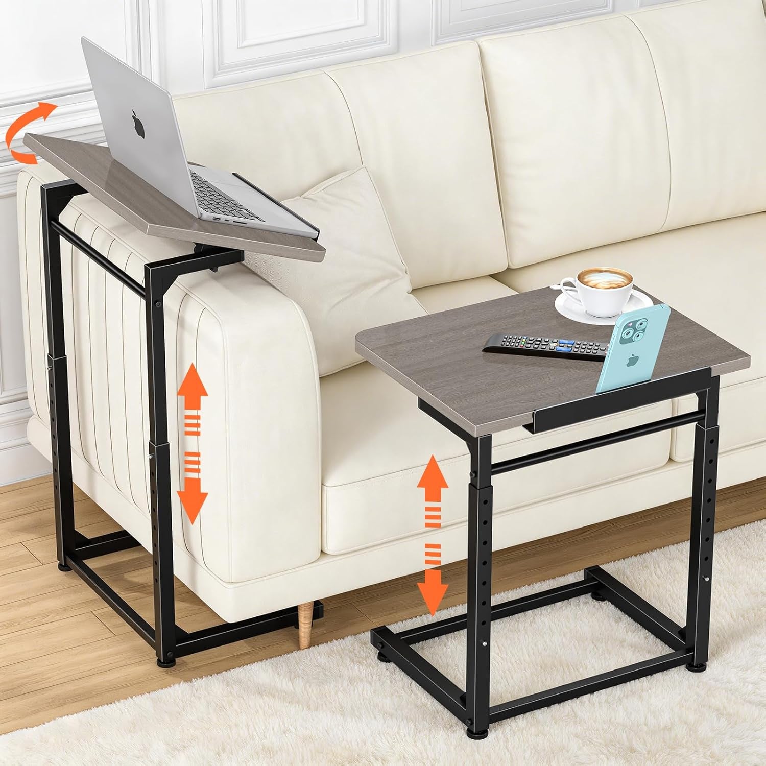 Two C-tables showing height adjustment arrows and one tabletop tilted for a laptop with phone in the slot.