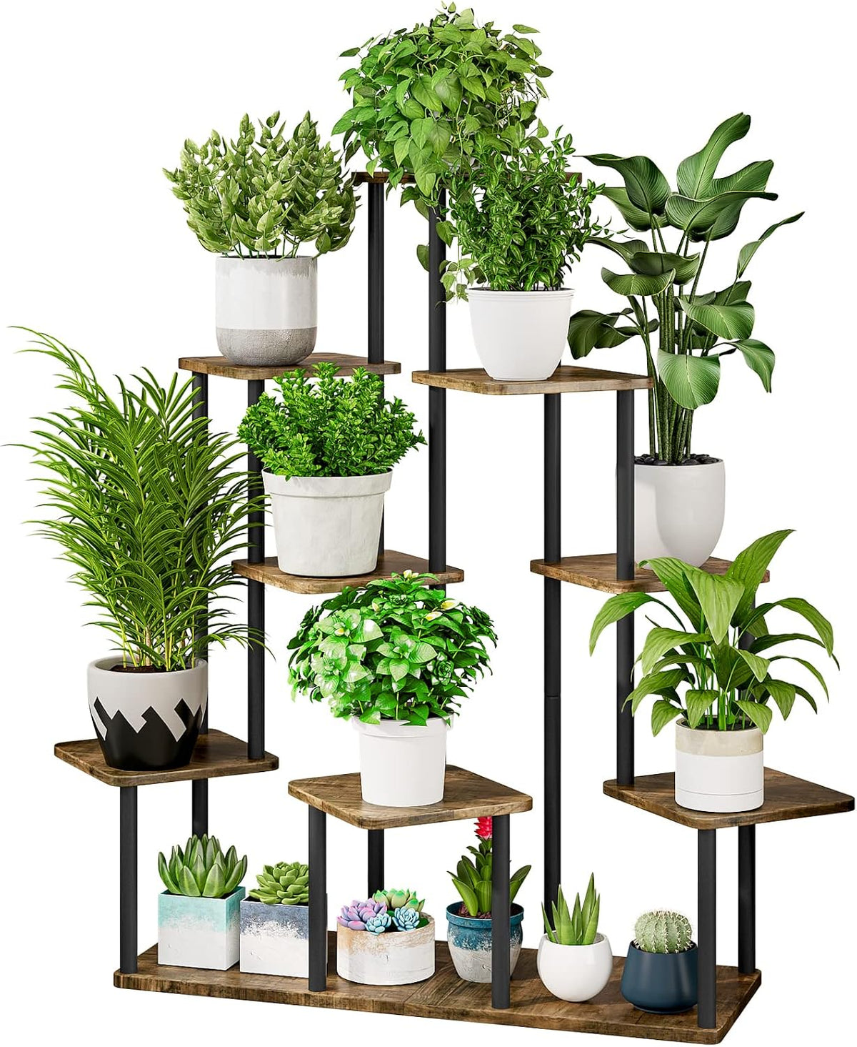 Full-height studio image on white background showing the five-tier stand with succulents and potted plants on the base tier