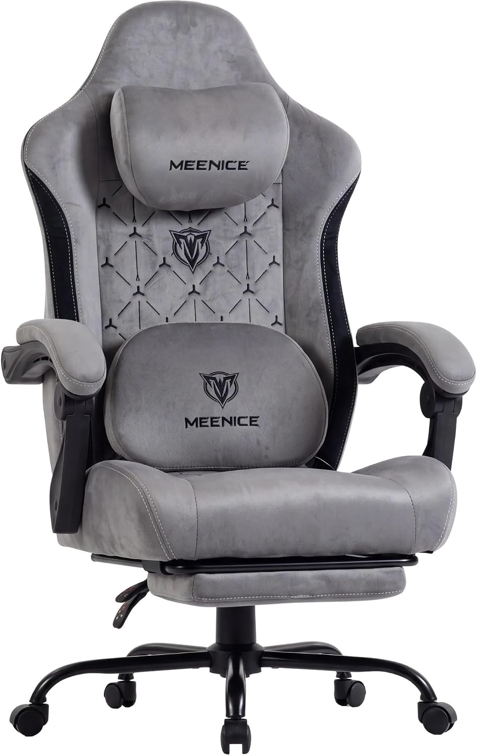 Front studio view of a light gray fabric high-back gaming chair showing a patterned back panel and padded armrests.