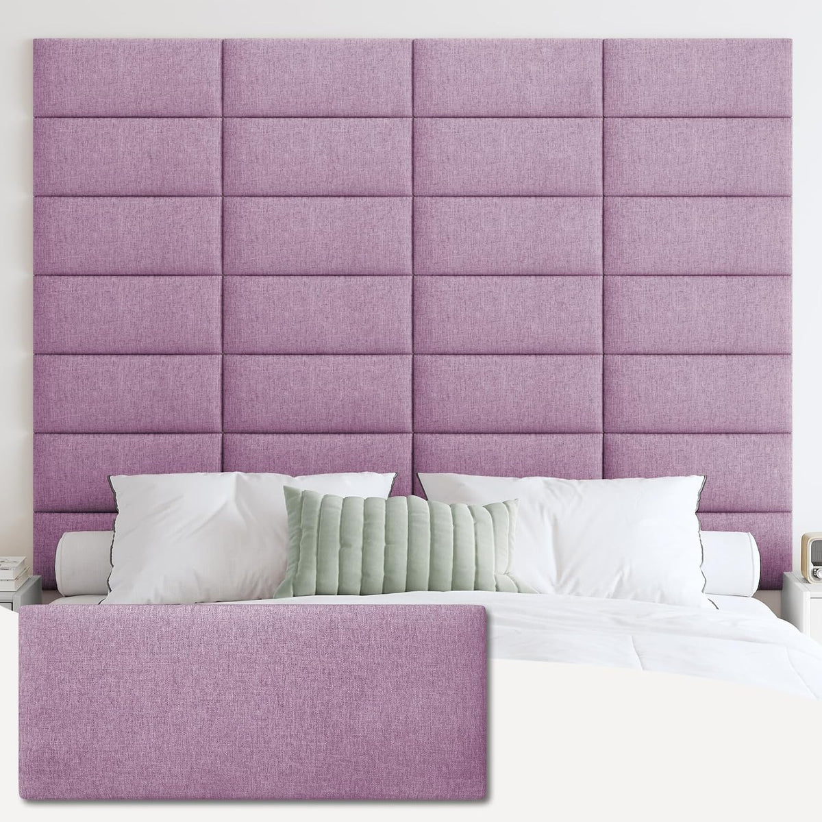 Lavender tufted fabric headboard panels mounted above a neatly made bed with white pillows and a green lumbar cushion.