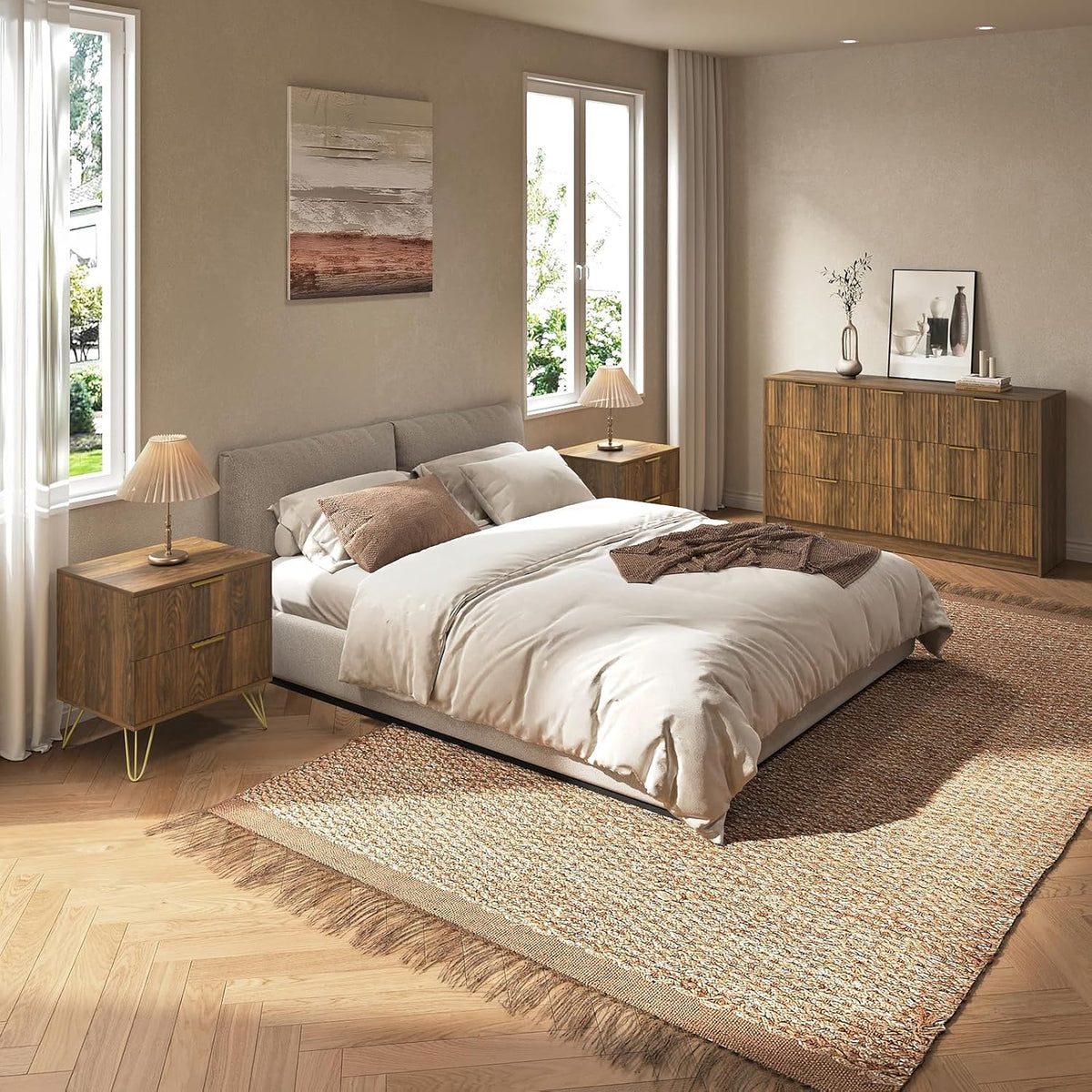 Styled bedroom scene with fluted walnut dresser and matching nightstands beside a bed and neutral decor