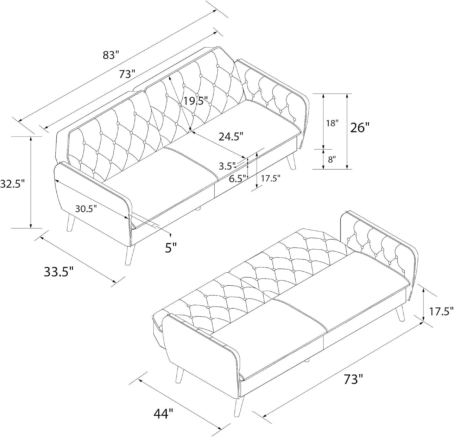 Line-drawn dimension diagram of the sofa showing multiple measurements in inches.