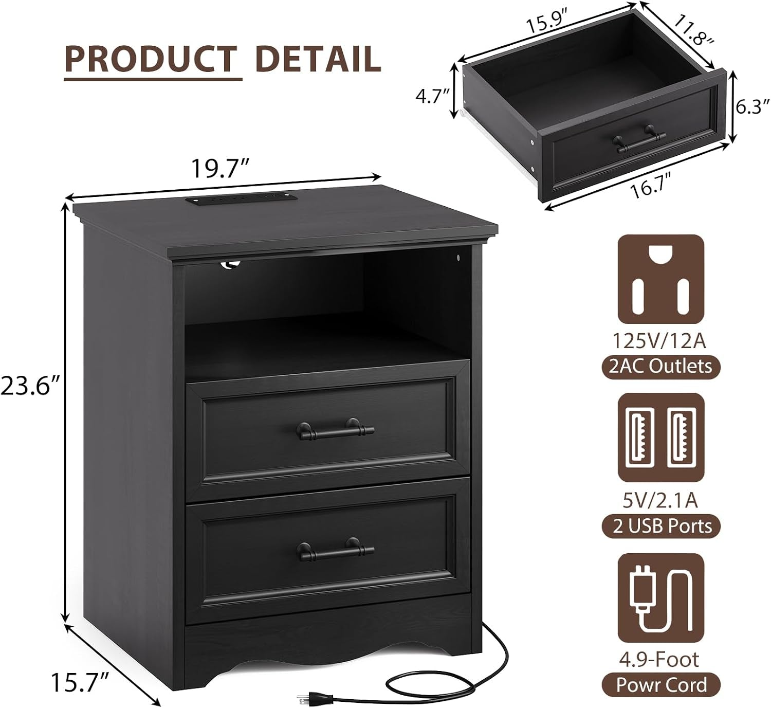 Graphic of nightstand with dimensional measurements and icons for 2 AC outlets and 2 USB ports