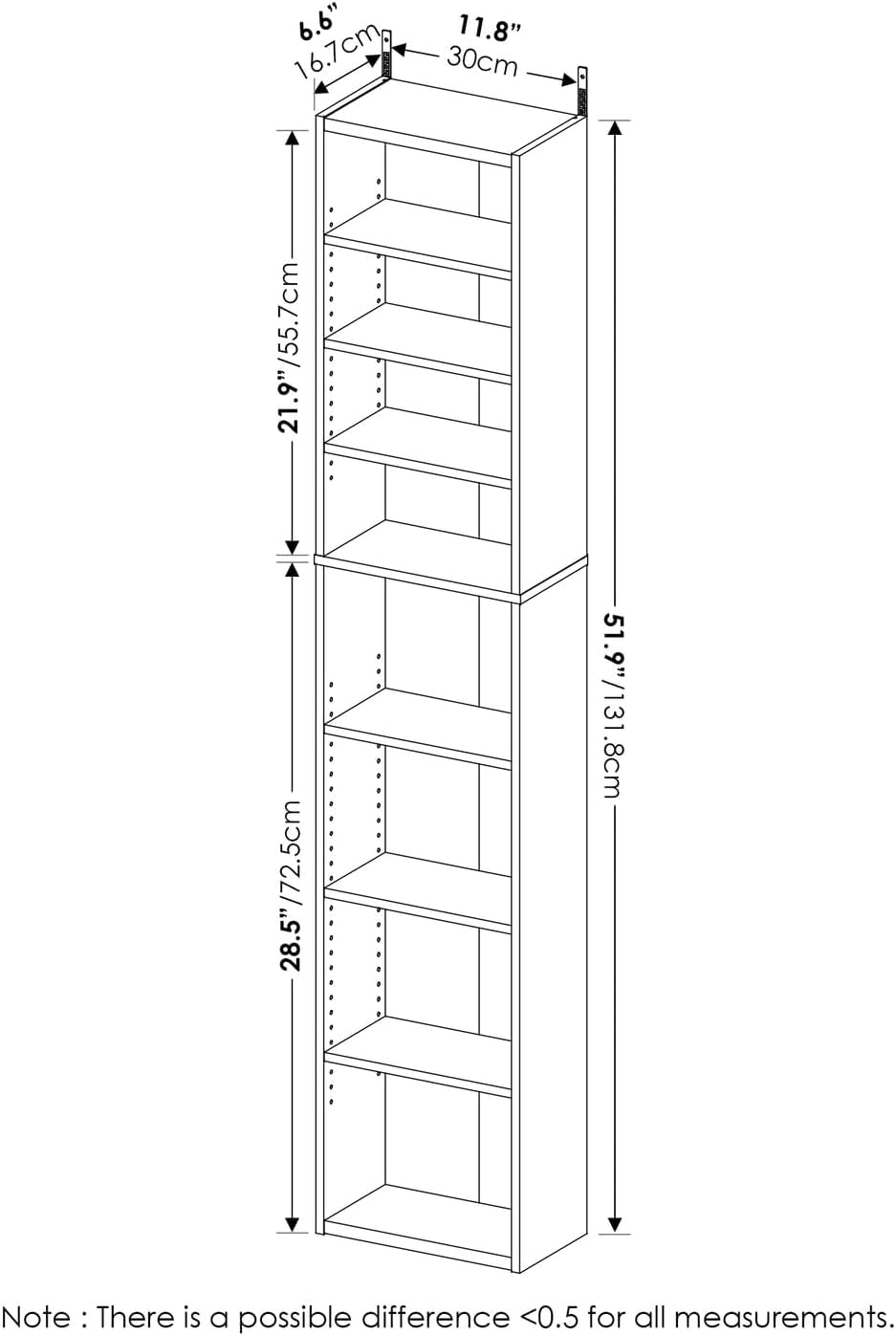 Line drawing diagram of the 8-shelf slim media tower showing 6.8"D, 11.8"W and 51.9"H measurements