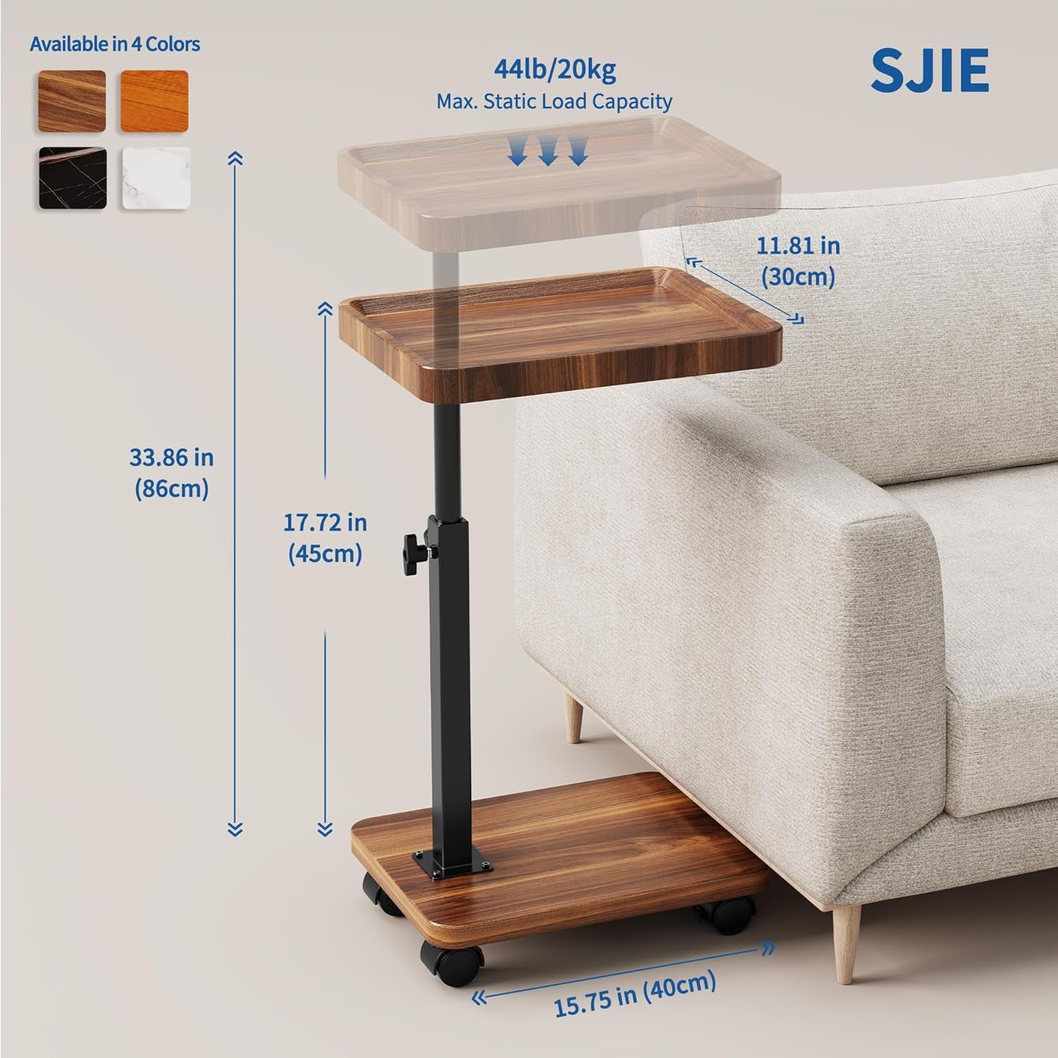 Rendered diagram of the end table showing top dimensions and an upright steel support over a walnut base