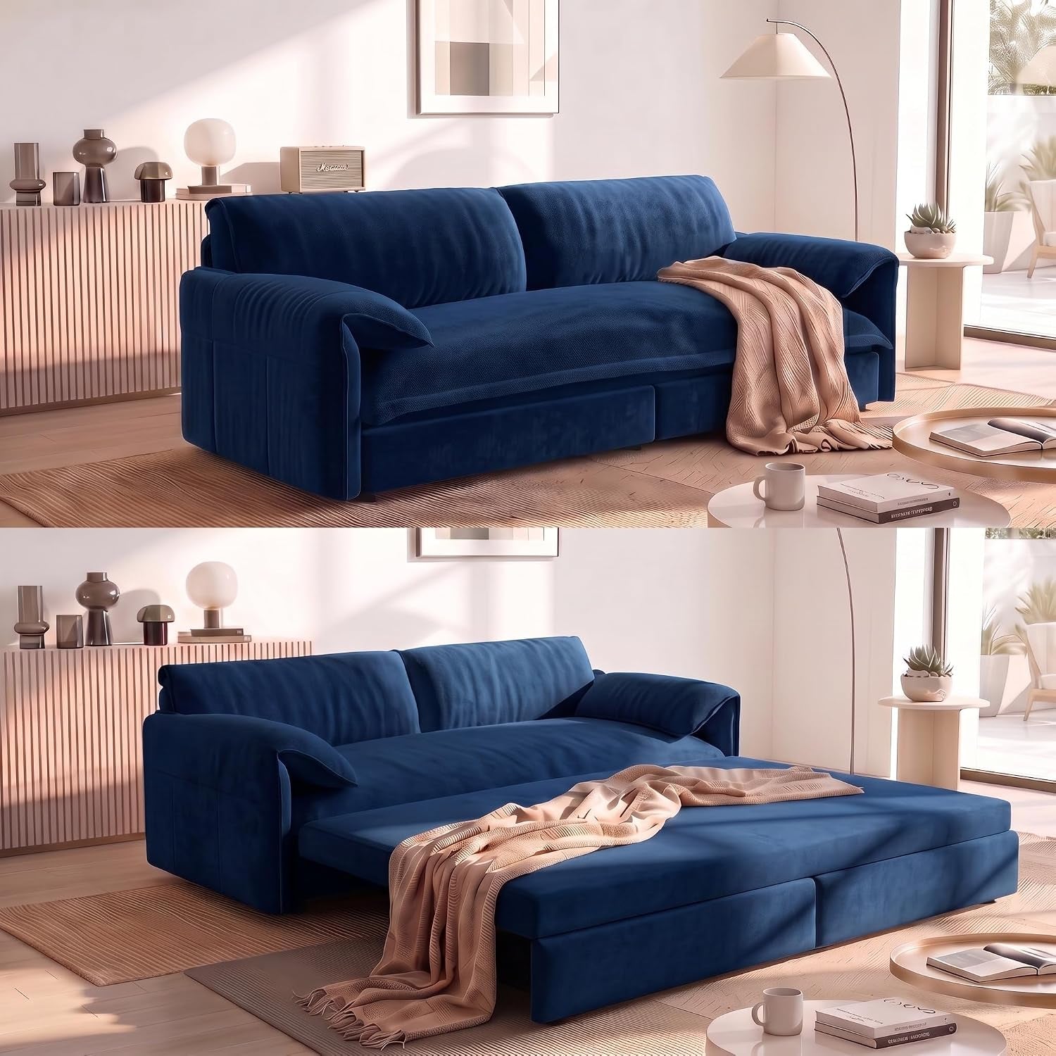 Deep blue corduroy sofa in two views: upright and extended into a sleeper with a throw draped over it