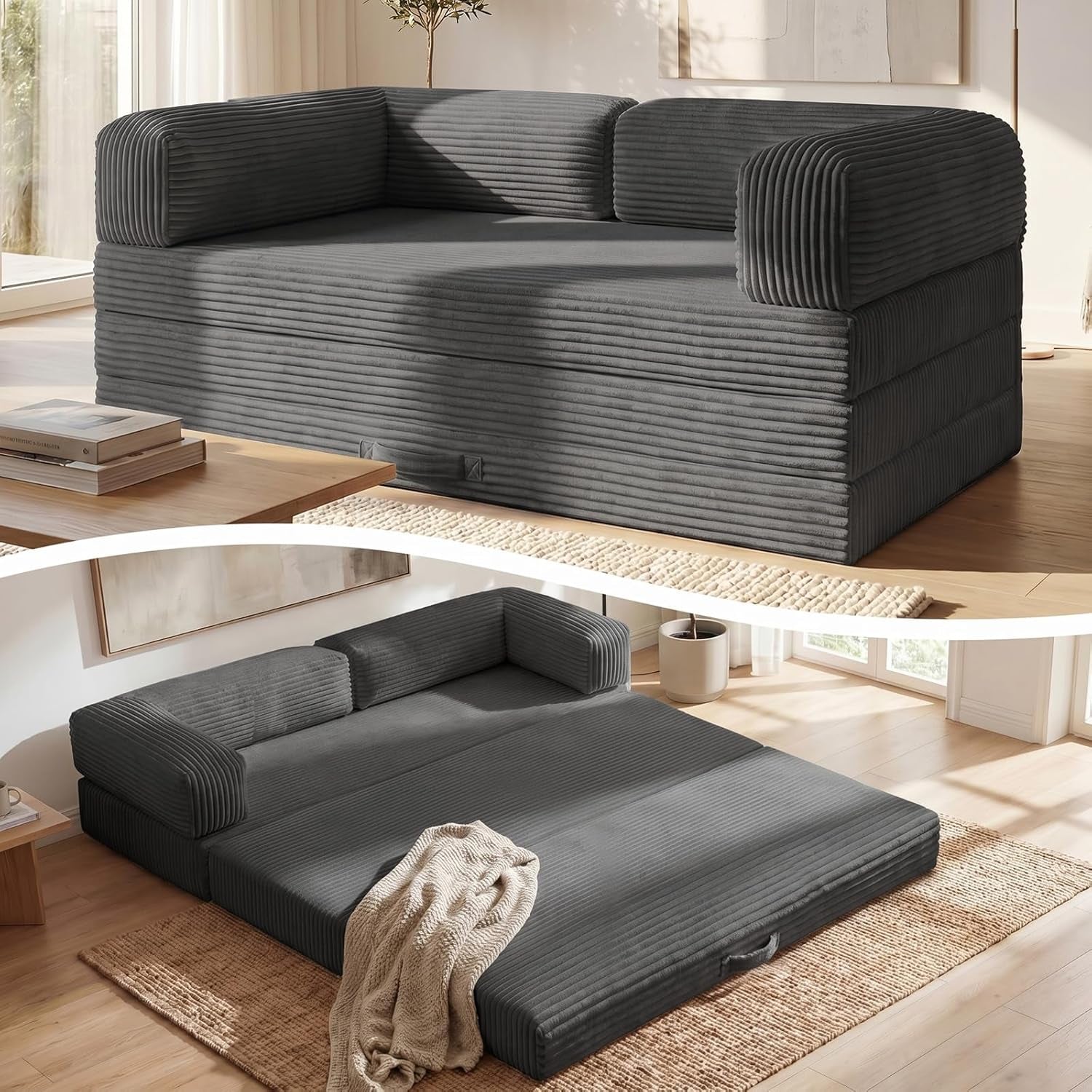 Side view of a dark corduroy tri-fold futon configured as a sofa with low back and removable armrests in a sunlit living