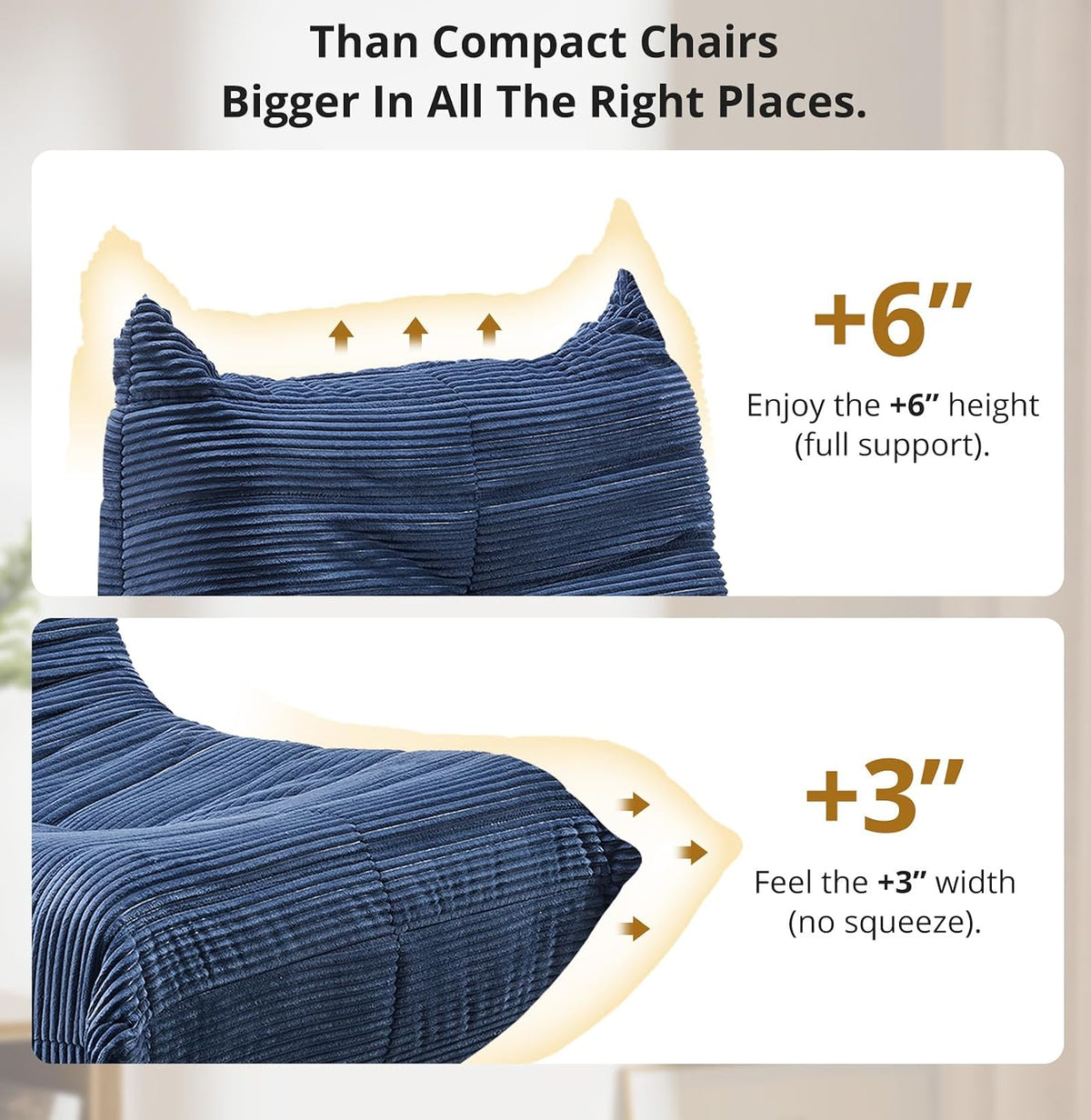 Detail graphic of the chair showing callouts for +6 inches height and +3 inches width improvements