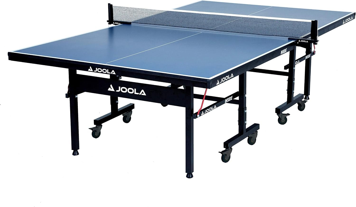 Low side-angle of the blue table showing the edge profile, net posts and one half supported by a playback leg