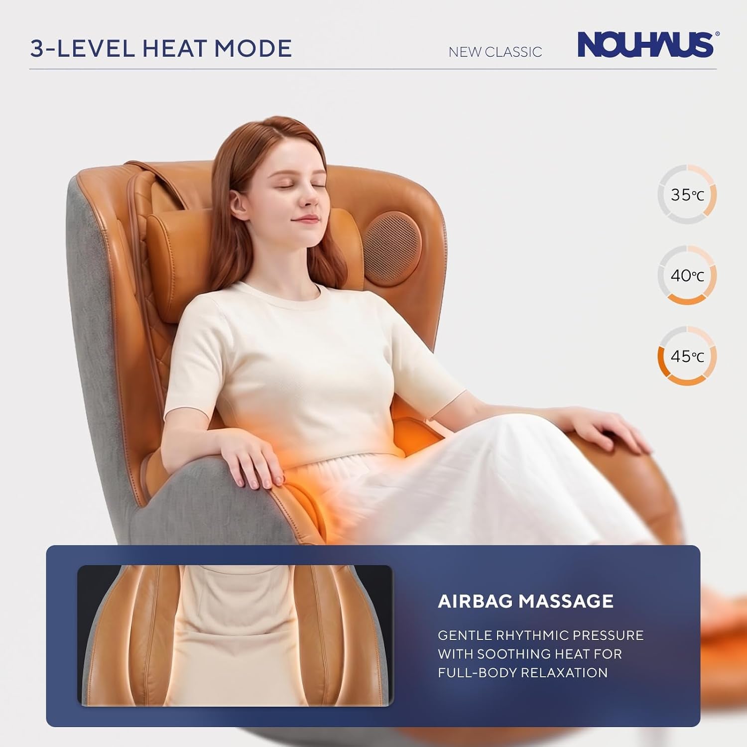 Woman seated in caramel leather and gray massage chair demonstrating heat mode with warm illumination at lower back