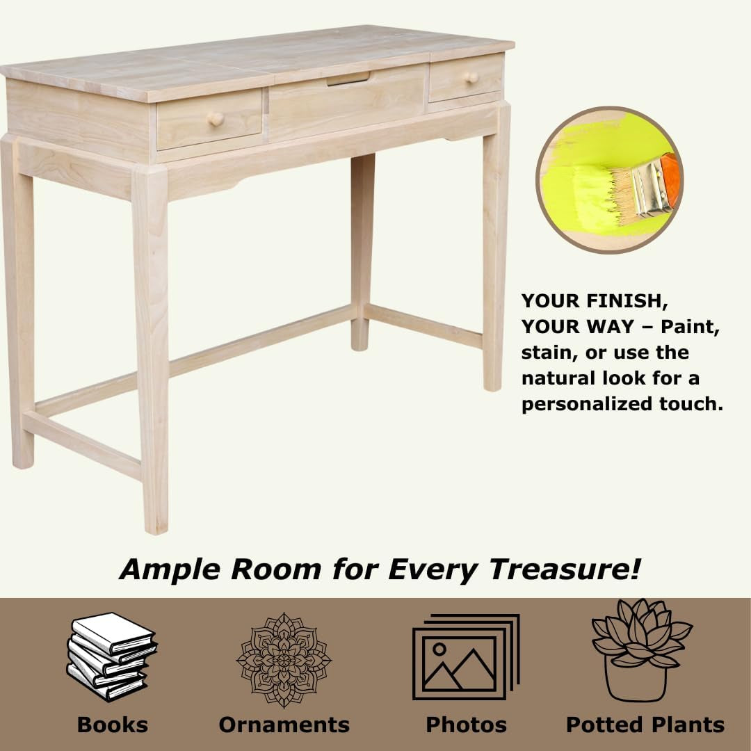 Unfinished parawood vanity angled with inset paintbrush graphic and icons highlighting customization and storage.