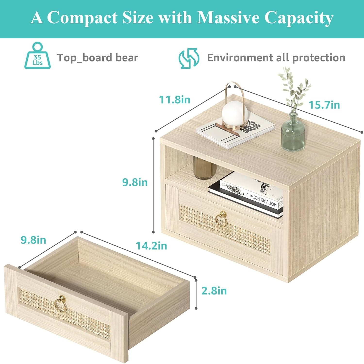 Illustration showing nightstand measurements in inches alongside a detached drawer and dimensional callouts