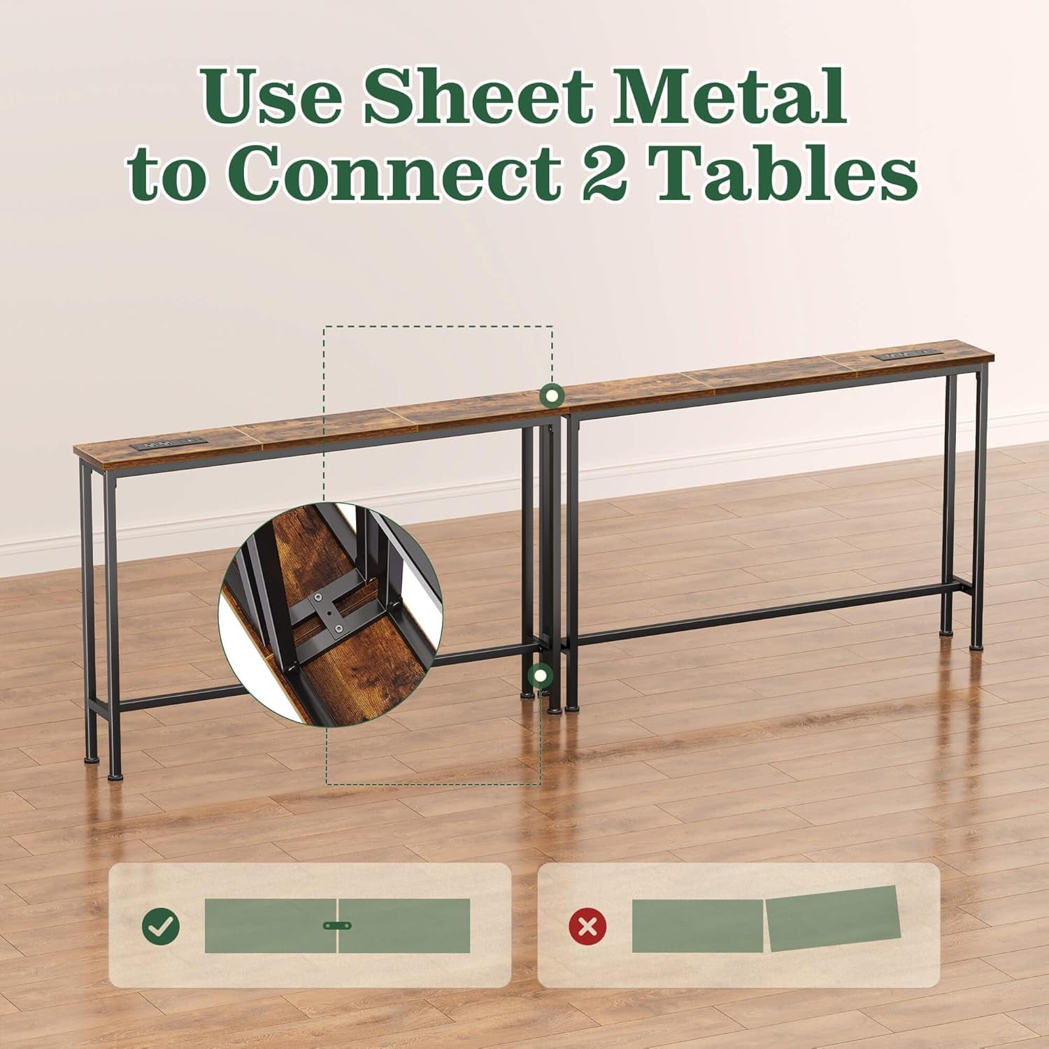 Two identical slim console tables joined end-to-end on a wood floor with a zoomed inset showing a metal connector plate.