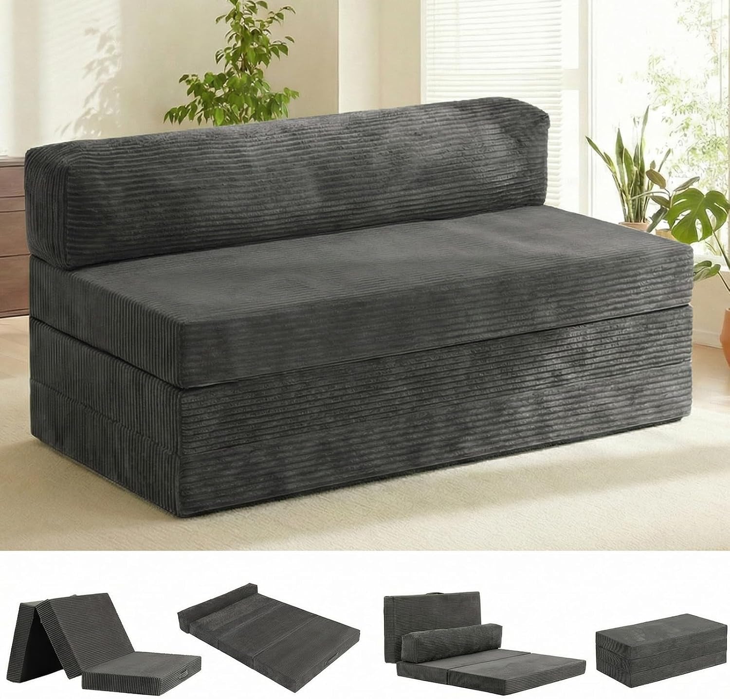 Grey corduroy boneless loveseat shown in sofa configuration with removable back cushion