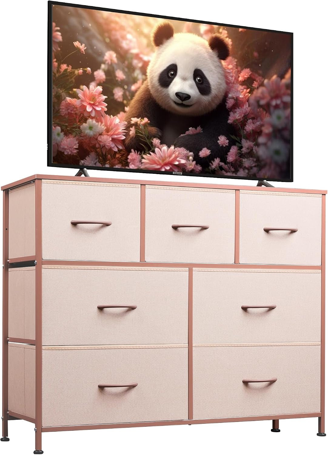 Blush-pink framed dresser with seven fabric drawers shown as a TV stand topped by a flat-screen with a panda image