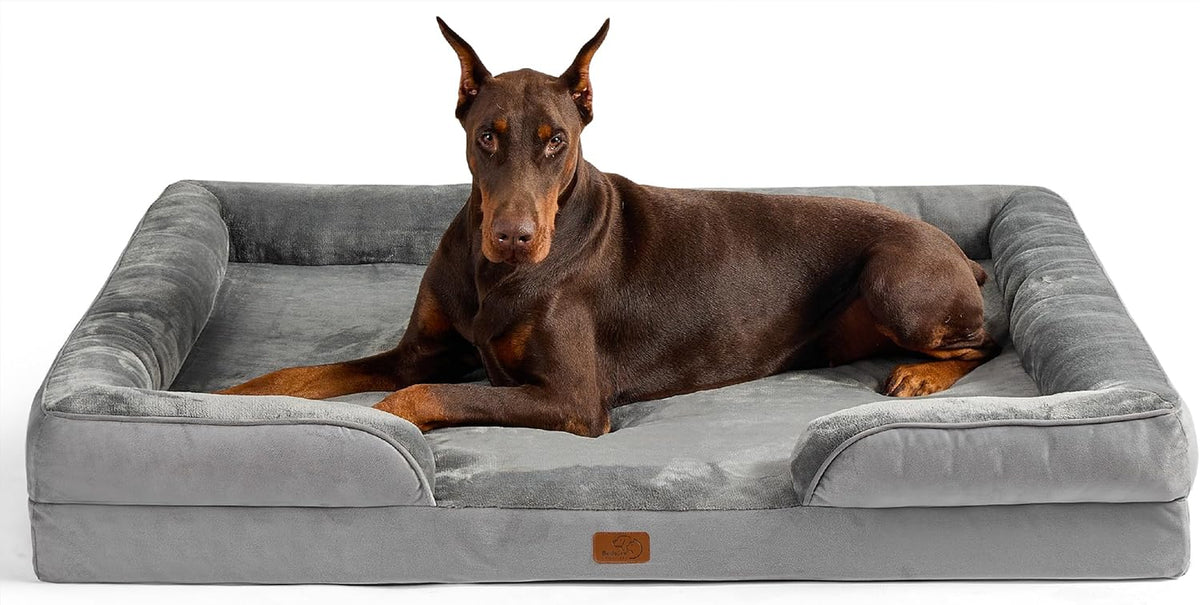 Low-angle front view of a gray bolstered dog bed with a Doberman lying across the sleeping surface.