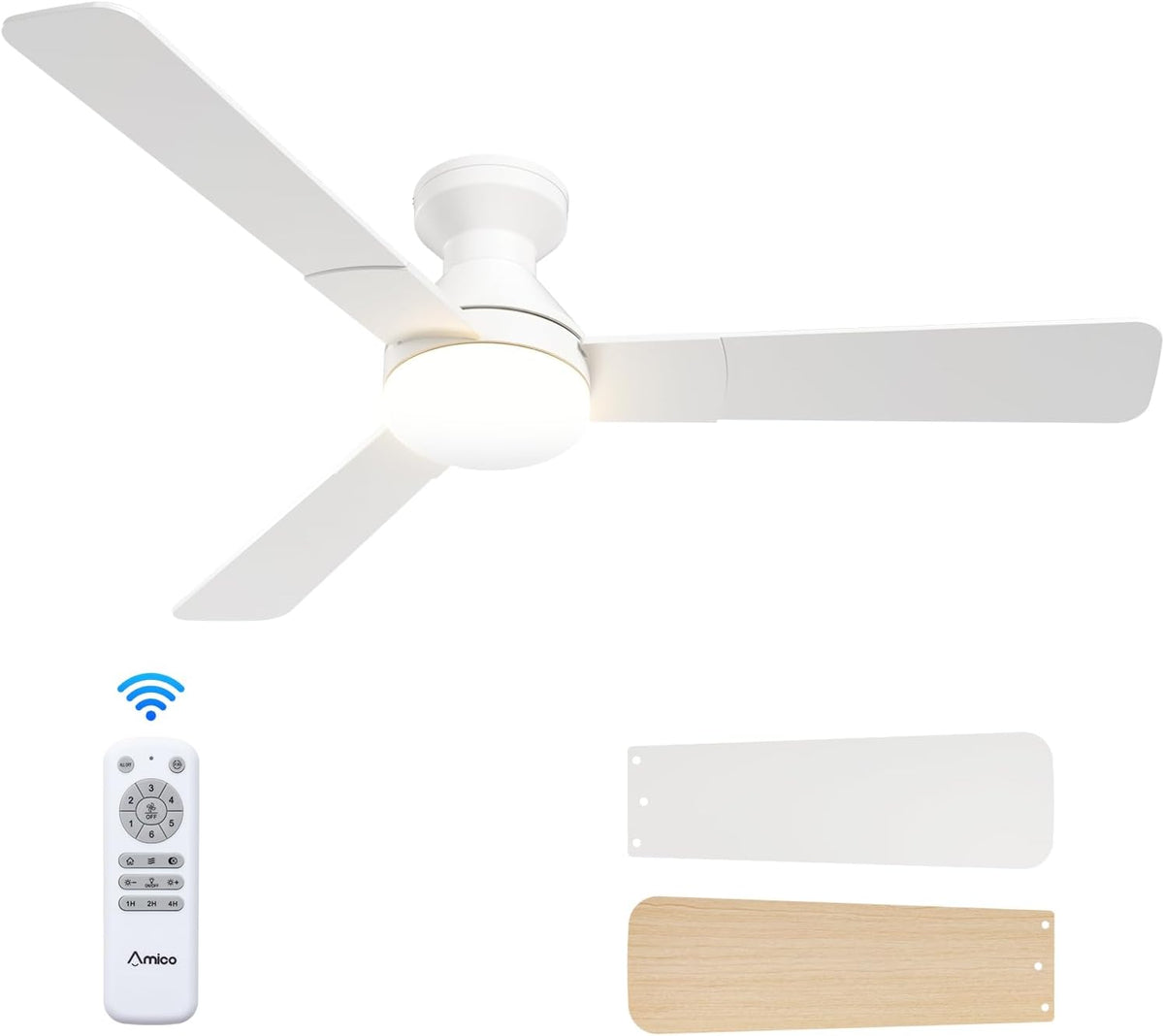 White ceiling fan seen from below with glowing globe, remote and flat white and light-wood blade panels