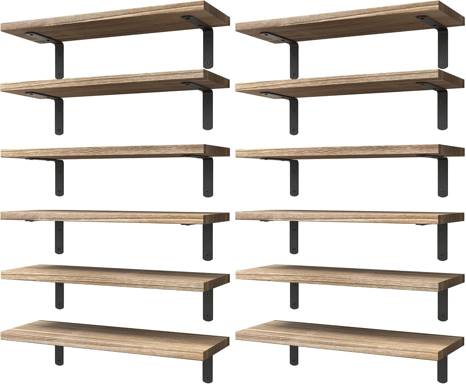 Two columns of rustic brown wood-look floating shelves with black metal brackets, showing twelve shelves total.