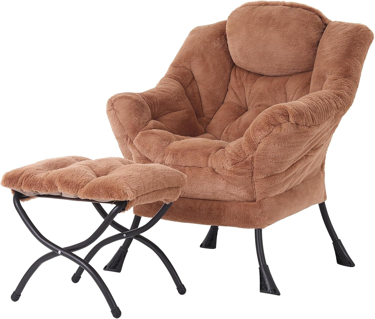 Soft, fluffy lounge chair in warm brown faux fur with a padded ottoman and black crossed metal legs.
