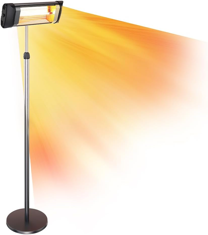 Infrared patio heater shown projecting warm radiant heat beams outward on a white background