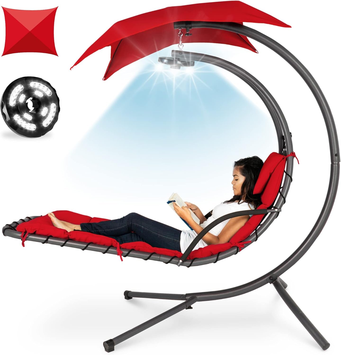 Chaise shown with red cushion and canopy plus inset LED light and canopy swatch callouts.