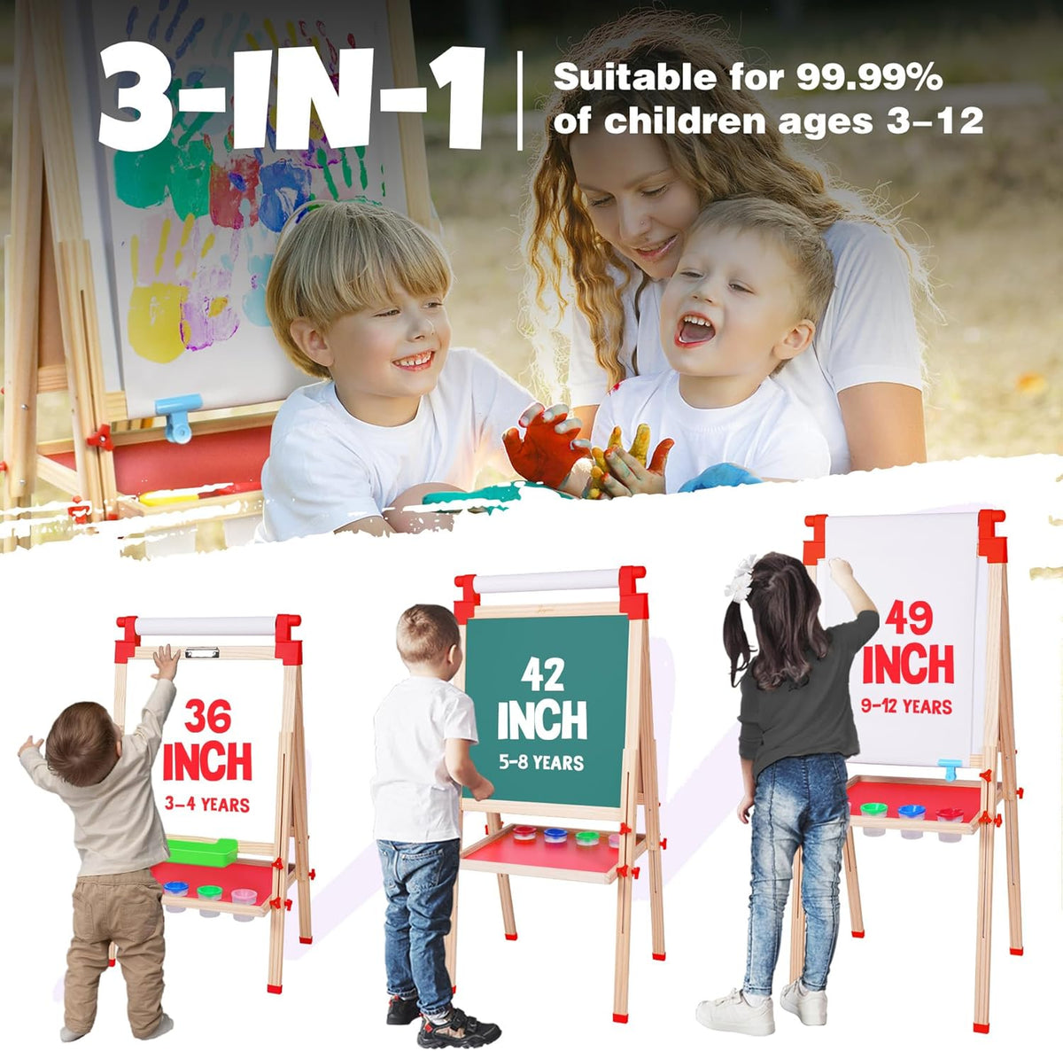 Three kids at different heights using the same wooden double-sided easel with red plastic accents and paint shelf